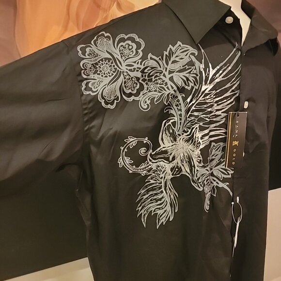 NWT Kani Gold Men's Black Graphic Cross Button Front Shirt 4X Short Sleeve - Picture 4 of 10